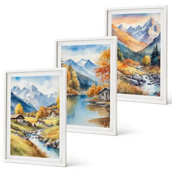 Juego de 3 cuadros paisaje de casas de montaña y río en otoño