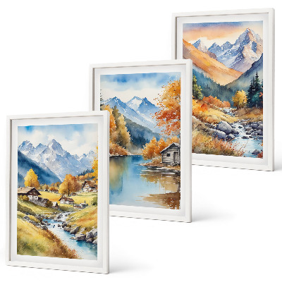 Juego de 3 cuadros casas de montaña y río en otoño