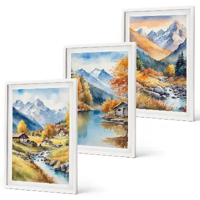 Juego de 3 cuadros paisaje de casas de montaña y río en otoño
