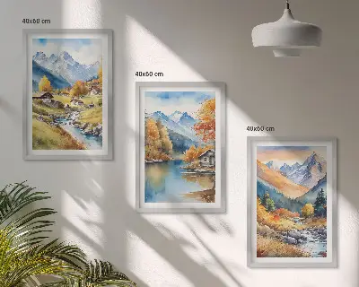 Juego de 3 cuadros paisaje de casas de montaña y río en otoño