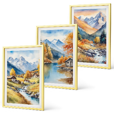 Juego de 3 cuadros casas de montaña y río en otoño