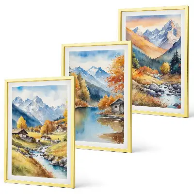Juego de 3 cuadros paisaje de casas de montaña y río en otoño