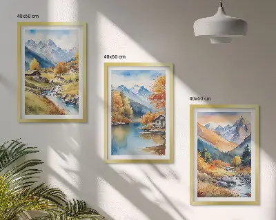 Juego de 3 cuadros paisaje de casas de montaña y río en otoño