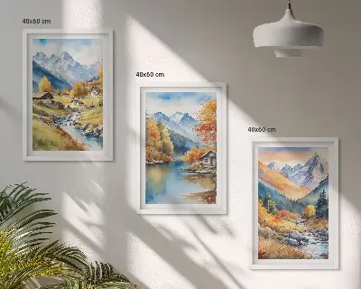 Juego de 3 cuadros paisaje de casas de montaña y río en otoño