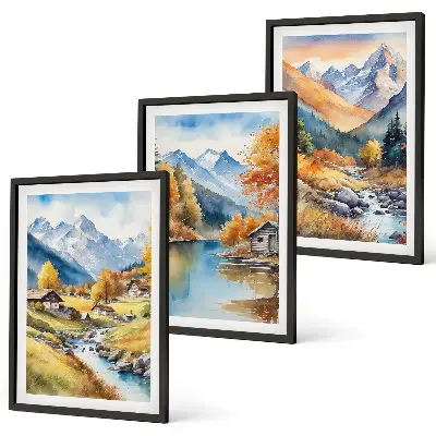 Juego de 3 cuadros paisaje de casas de montaña y río en otoño