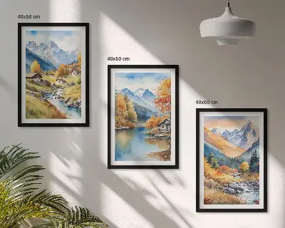 Juego de 3 cuadros paisaje de casas de montaña y río en otoño