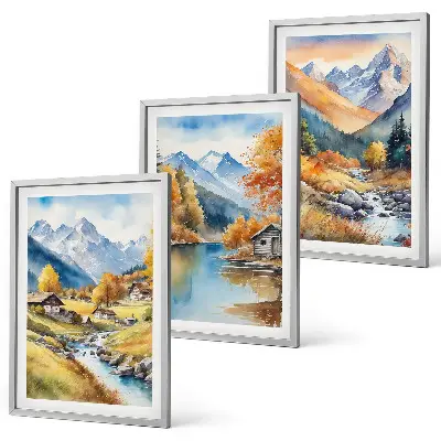 Juego de 3 cuadros paisaje de casas de montaña y río en otoño