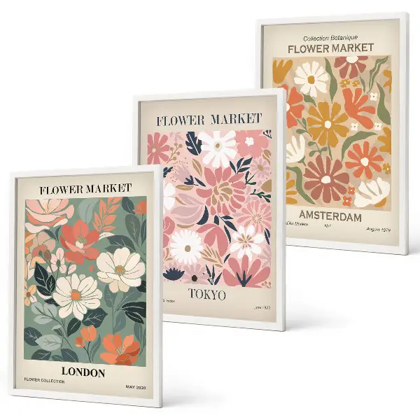 Set de 3 cuadros decorativos con estampados florales de Londres, Tokio y Ámsterdam