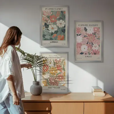 Set de 3 cuadros decorativos con estampados florales de Londres, Tokio y Ámsterdam