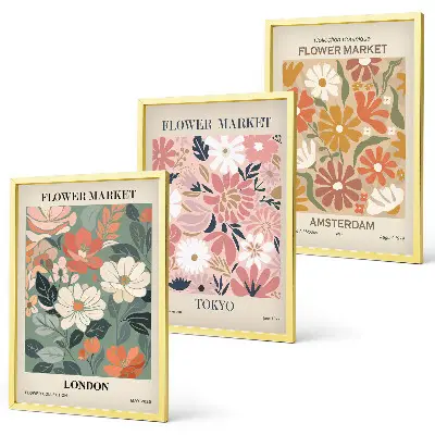 Set de 3 cuadros decorativos con estampados florales de Londres, Tokio y Ámsterdam