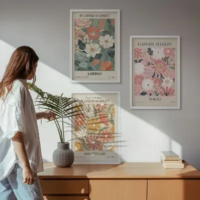 Set de 3 cuadros decorativos con estampados florales de Londres, Tokio y Ámsterdam