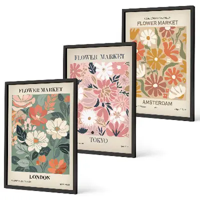 Set de 3 cuadros decorativos con estampados florales de Londres, Tokio y Ámsterdam