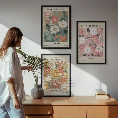 Set de 3 cuadros decorativos con estampados florales de Londres, Tokio y Ámsterdam