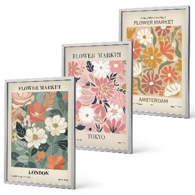 Set de 3 cuadros decorativos con estampados florales de Londres, Tokio y Ámsterdam