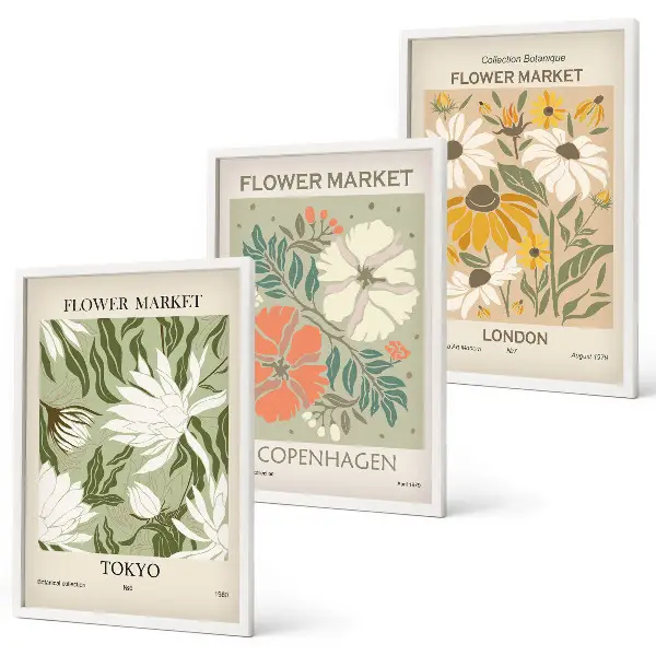 Set de 3 cuadros para salón con motivos de ciudades y flores del mundo