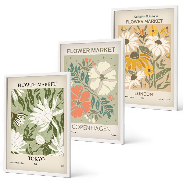 Set de 3 cuadros para salón Motivos florales de ciudades de todo el mundo.