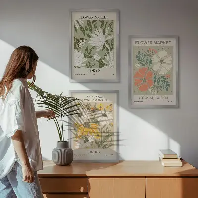 Set de 3 cuadros para salón con motivos de ciudades y flores del mundo