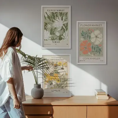 Set de 3 cuadros para salón con motivos de ciudades y flores del mundo