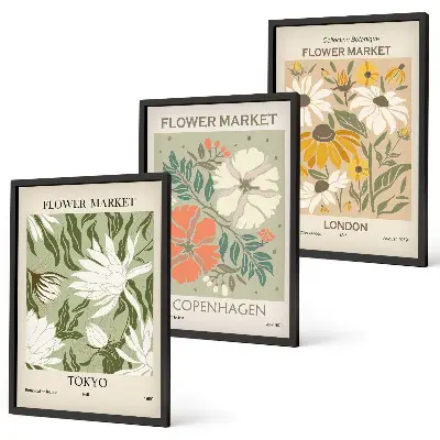 Set de 3 cuadros para salón con motivos de ciudades y flores del mundo