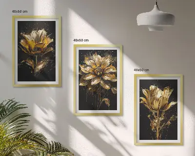 Juego de 3 cuadros flores amarillas sobre fondo oscuro