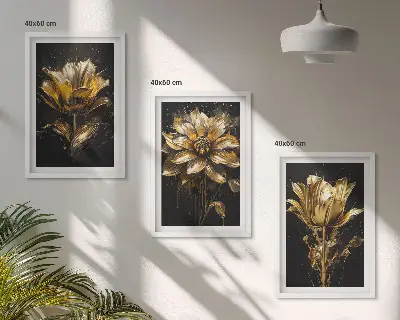 Juego de 3 cuadros flores amarillas sobre fondo oscuro