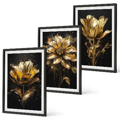 Juego de 3 cuadros flores amarillas sobre fondo oscuro