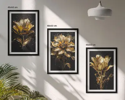 Juego de 3 cuadros flores amarillas sobre fondo oscuro