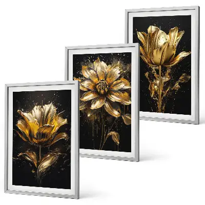 Juego de 3 cuadros flores amarillas sobre fondo oscuro