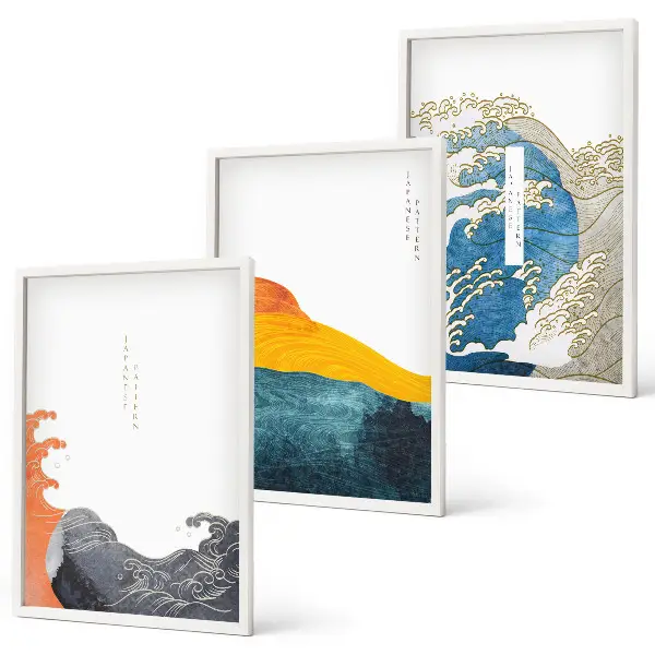 Set de 3 cuadros para salón con diseño de olas de estilo gráfico japonés