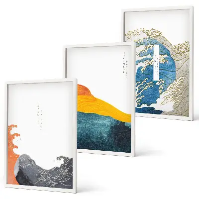 Set de 3 cuadros para salón con diseño de olas de estilo gráfico japonés