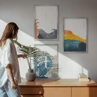 Set de 3 cuadros para salón con diseño de olas de estilo gráfico japonés