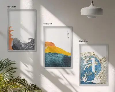 Set de 3 cuadros para salón con diseño de olas de estilo gráfico japonés