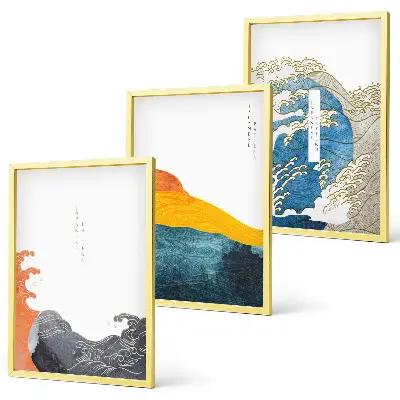 Set de 3 cuadros para salón con diseño de olas de estilo gráfico japonés