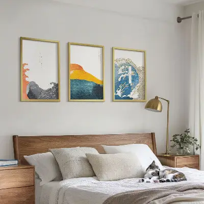 Set de 3 cuadros para salón con diseño de olas de estilo gráfico japonés