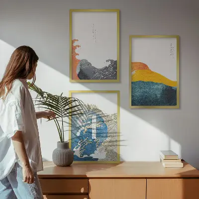 Set de 3 cuadros para salón con diseño de olas de estilo gráfico japonés