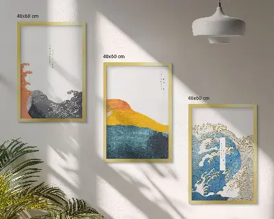Set de 3 cuadros para salón con diseño de olas de estilo gráfico japonés