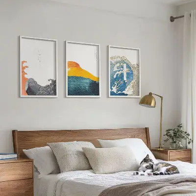 Set de 3 cuadros para salón con diseño de olas de estilo gráfico japonés