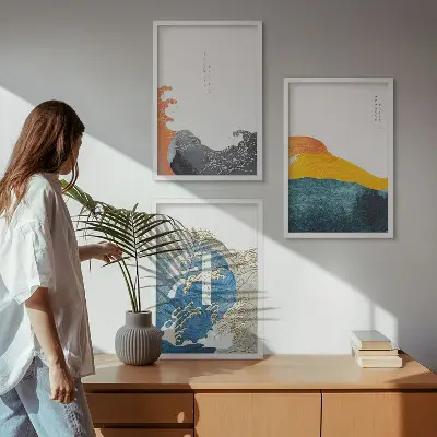 Set de 3 cuadros para salón con diseño de olas de estilo gráfico japonés