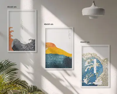 Set de 3 cuadros para salón con diseño de olas de estilo gráfico japonés