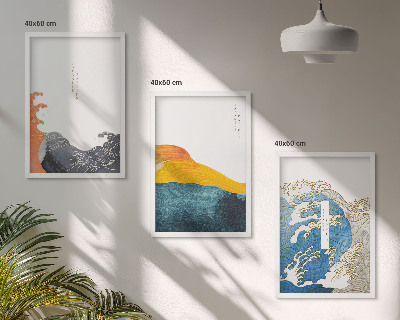Set de 3 cuadros para salón Olas de estilo gráfico japonés