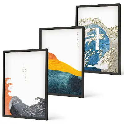 Set de 3 cuadros para salón con diseño de olas de estilo gráfico japonés