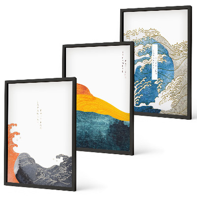 Set de 3 cuadros para salón Olas de estilo gráfico japonés