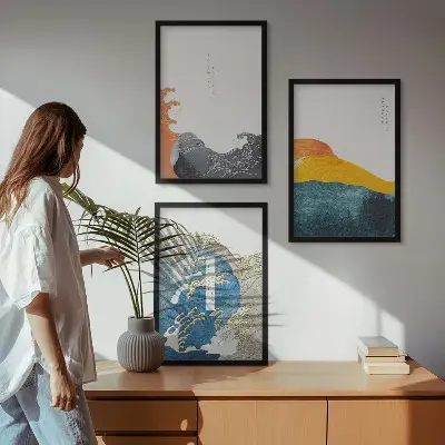 Set de 3 cuadros para salón con diseño de olas de estilo gráfico japonés