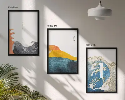 Set de 3 cuadros para salón con diseño de olas de estilo gráfico japonés