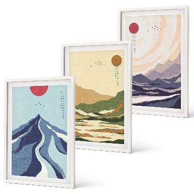 Set de 3 cuadros para salón Montañas en tonos pastel al estilo japonés
