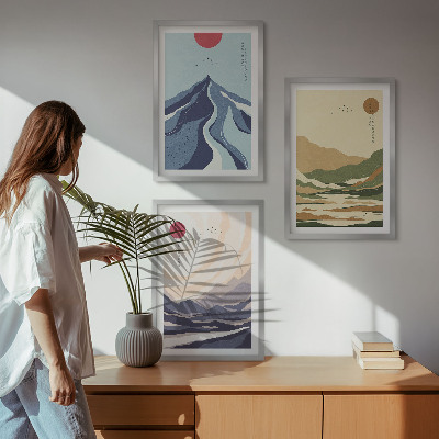Set de 3 cuadros para salón Montañas en tonos pastel al estilo japonés