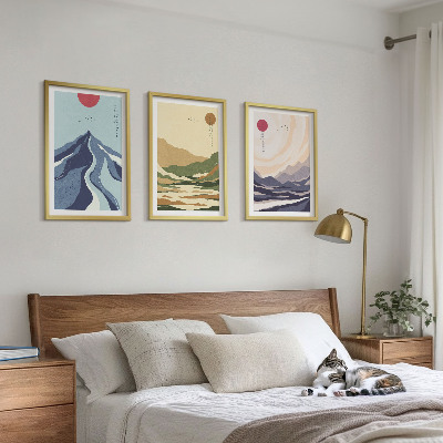 Set de 3 cuadros para salón Montañas en tonos pastel al estilo japonés