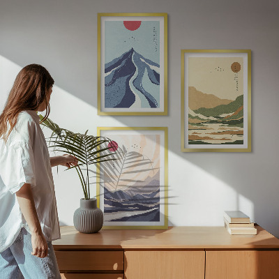 Set de 3 cuadros para salón Montañas en tonos pastel al estilo japonés