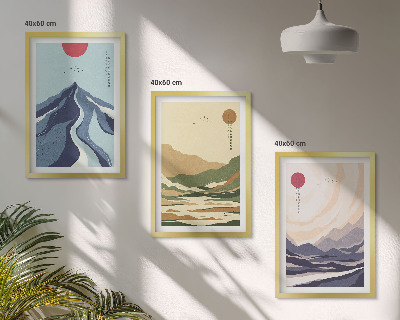 Set de 3 cuadros para salón Montañas en tonos pastel al estilo japonés