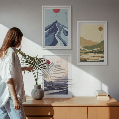 Set de 3 cuadros para salón Montañas en tonos pastel al estilo japonés